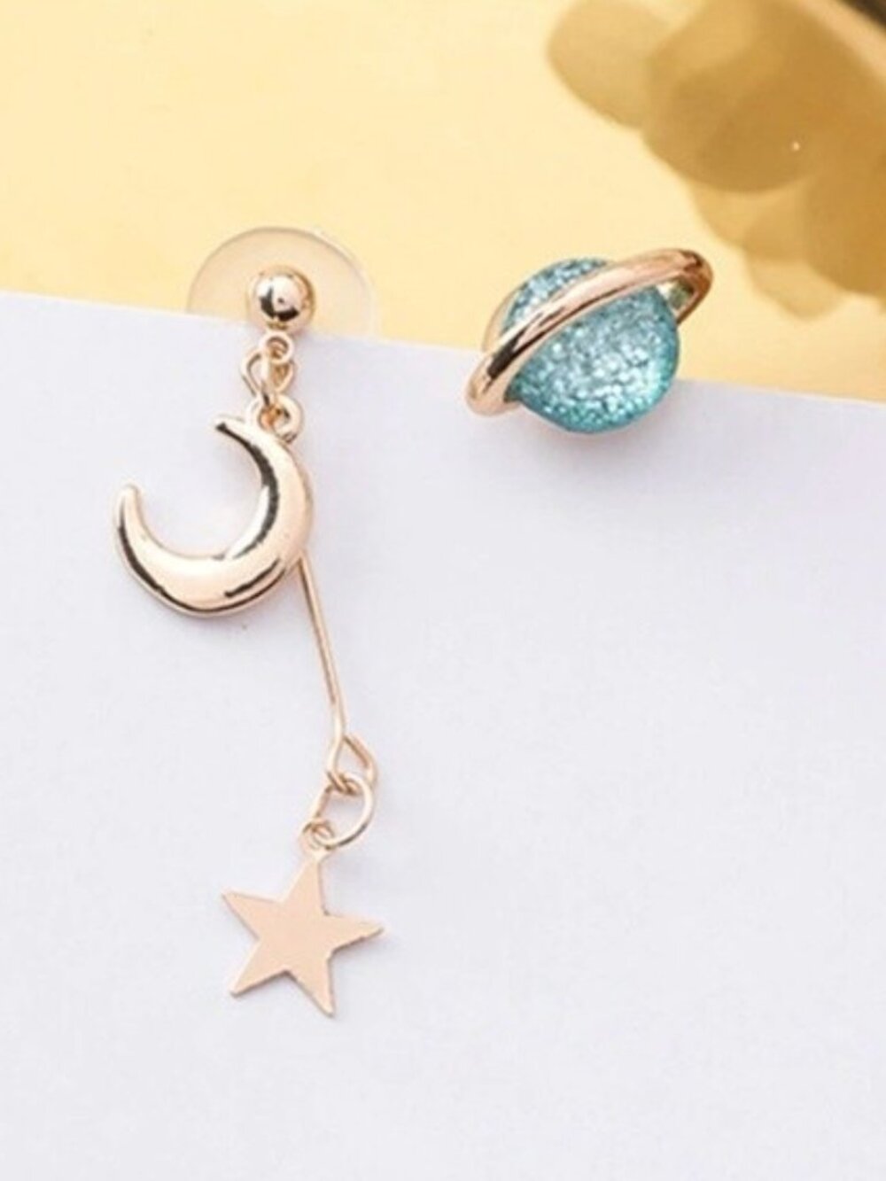 Moon Star Planet Universe Galaxy Blue Yellow Gold Drop Earrings